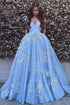 Blue Ball Gown Off-the-Shoulder Applique Tulle Sweep/Brush Train Dresses LBQ1075